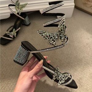 Black rhinestone butterfly heels